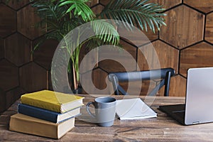 Wooden desk with a laptop, a mug and a stack of books