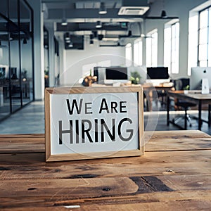 Wooden desk, WE ARE HIRING sign, modern office space, natural light photo