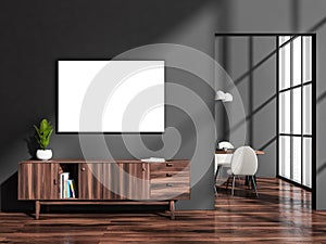 Wooden dining room interior with drawer and window, mockup poster