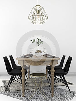 Wooden dining table and modern black chairs