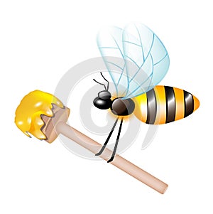 Wooden dipper with honey carried by bee