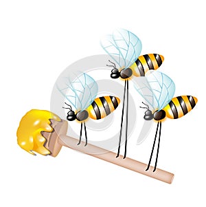 Wooden dipper with honey carried by three bees