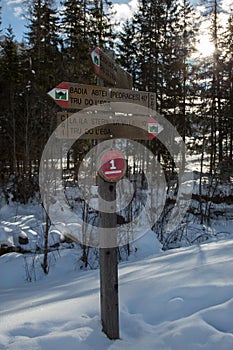 Wooden Direction Path Signs in Snow-covered Mountain Trail