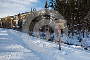 Wooden Direction Path Signs in Snow-covered Mountain Trail