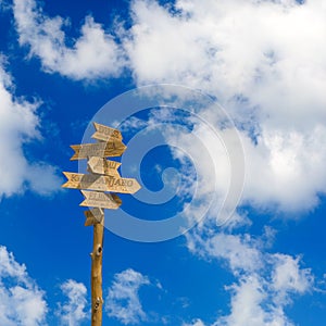 wooden direction signs mountains