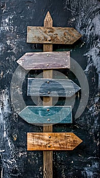 Wooden directional sign with multiple arrows pointing in different directions on a grunge black background.