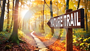 Wooden Directional Sign with Text Nature Trail in the Forest - Generative Ai