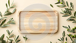 A wooden dish of rectangular shape, featuring a textured surface and hints of green, is showcased alongside two sprigs