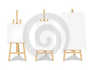 Wooden display easel stand with white blank poster board. Vector mock-up set. Folding white chalk board banner sign standee mockup