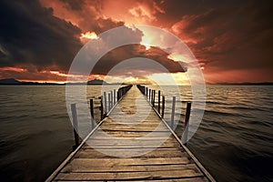 A wooden dock extends into a serene lake, under a dramatic, fiery sunset with dark clouds looming above, ai generative