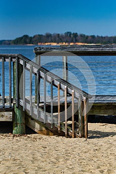 A wooden dock on the James river in Virginia.