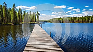 Wooden dock leading to a lake in the mountains