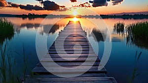 A wooden dock partially submerged in calm waters near the scenic lakeside, An idyllic summer sunset over a calm lake with a wooden