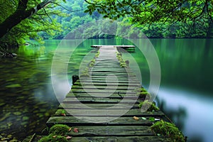 A wooden dock reaches out into the center of a calm lake, A rustic wooden dock stretching out into a peaceful river