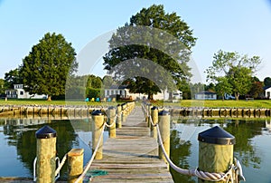 Wooden dock with ropes of a waterfront property at near Kinsale, Virginia, U.S.A