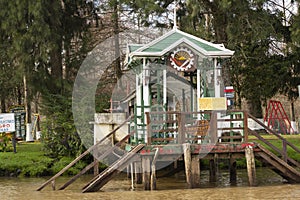 Wooden dock seen from boat in the Delta del Parana, Tigre Buenos Aires Argentina