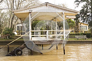 Wooden dock seen from boat in the Delta del Parana, Tigre Buenos Aires Argentina