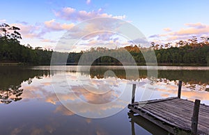 Wooden dock on serene lake with sunset