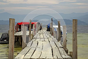 Wooden docks in the lake Tota