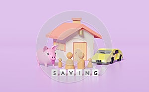 Wooden doll figures with house, family, piggy bank, sports car isolated on purple background. happy family, saving money, fund,