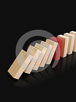 Wooden domino blocks falling down in sequence, one piece stopping the fall