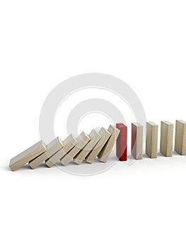 Wooden domino blocks falling down in sequence, one piece stopping the fall