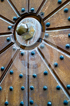 Wooden door with a brass doorknob