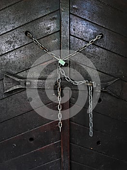 Wooden door with chain and lock