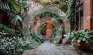 Wooden door in the courtyard of a house with plants and flowers