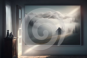 Wooden door in a dark room with a beautiful view of the mountains