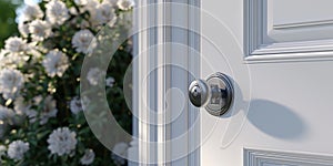 Wooden door with doorknob on blurred background