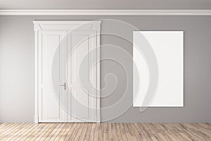 Wooden door in empty room with blank banner