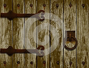 Wooden door with forged hinges.vector illustration