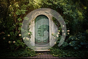 Wooden Door green garden. Generate Ai