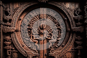 a wooden door, with intricate carvings and symbols of protection and redemption