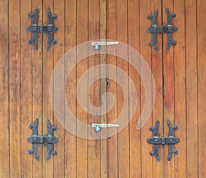 Wooden door locked by padlocks