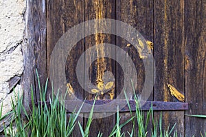 Wooden door of an old barn with rusty hinges