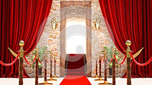 Wooden door with red curtains and Concrete Stairs, Success hope ambition and dream concept. VIP concept, red carpet with golden ba