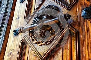 Wooden door of the Sagrario church in Quito, Ecuador