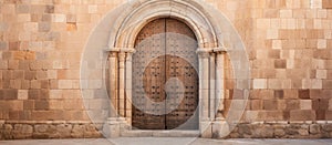 A wooden door set within a stone arch on the building facade