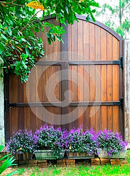 Wooden door swing on a large black steel frame in the garden. Ideas for Home Design and Decoration