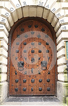 Wooden door with vintage Lion Face Shaped knocker and wrought iron details