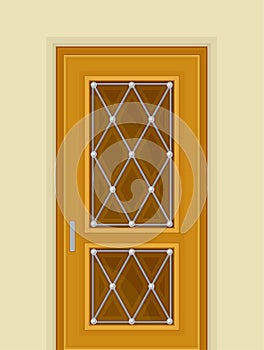 Wooden Door with Window and Rhombus Ornate as Building Entrance Exterior Vector Illustration