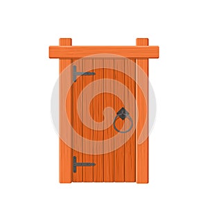 Wooden door with wrought iron fittings, isolated on white background