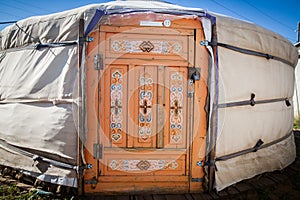 Wooden door of a yurt in Mongolia