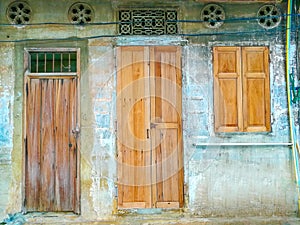 Wooden doors and window on old building