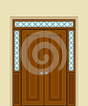 Wooden Double Door with Ornamental Side Window and Doorknob as Building Entrance Exterior Vector Illustration