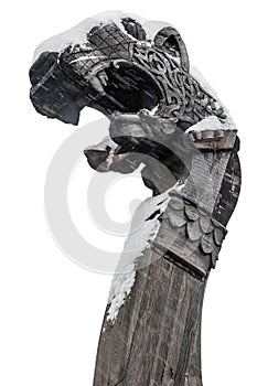 wooden dragon head on Drakkar isolated on white background
