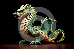 Wooden dragon sculpture carved from wood material stands on table on black background