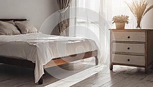 Wooden drawer chest against window. White nightstand near wooden bed. Minimalist boho interior design of modern bedroom